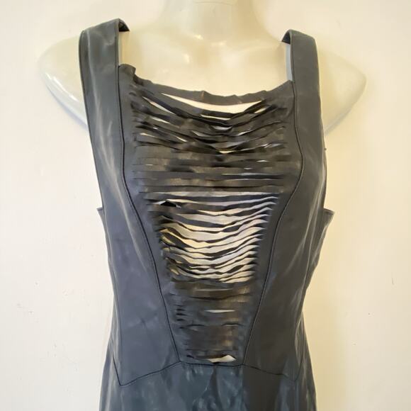 Y2K Black Faux Leather Maxi Dress Sleeves Whimsigoth Witch Cut Out Fringe XS - Picture 3 of 11